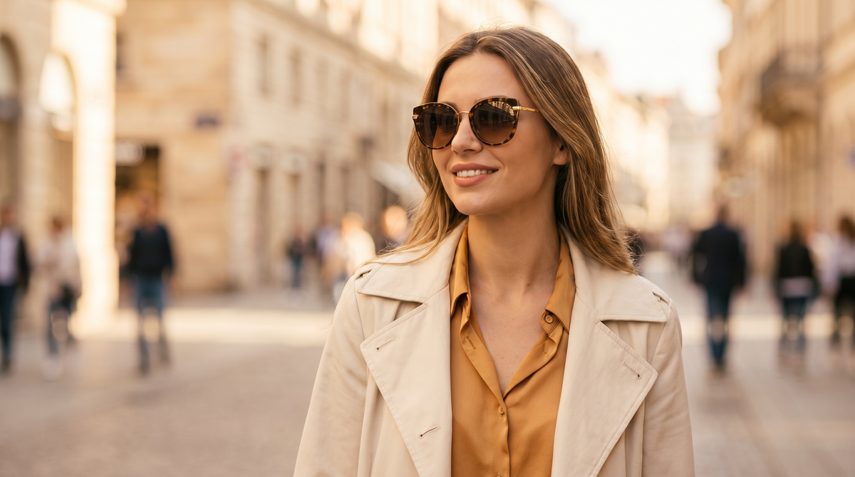 A woman in a cream trench coat wearing large tortoiseshell sunglasses with gold accents