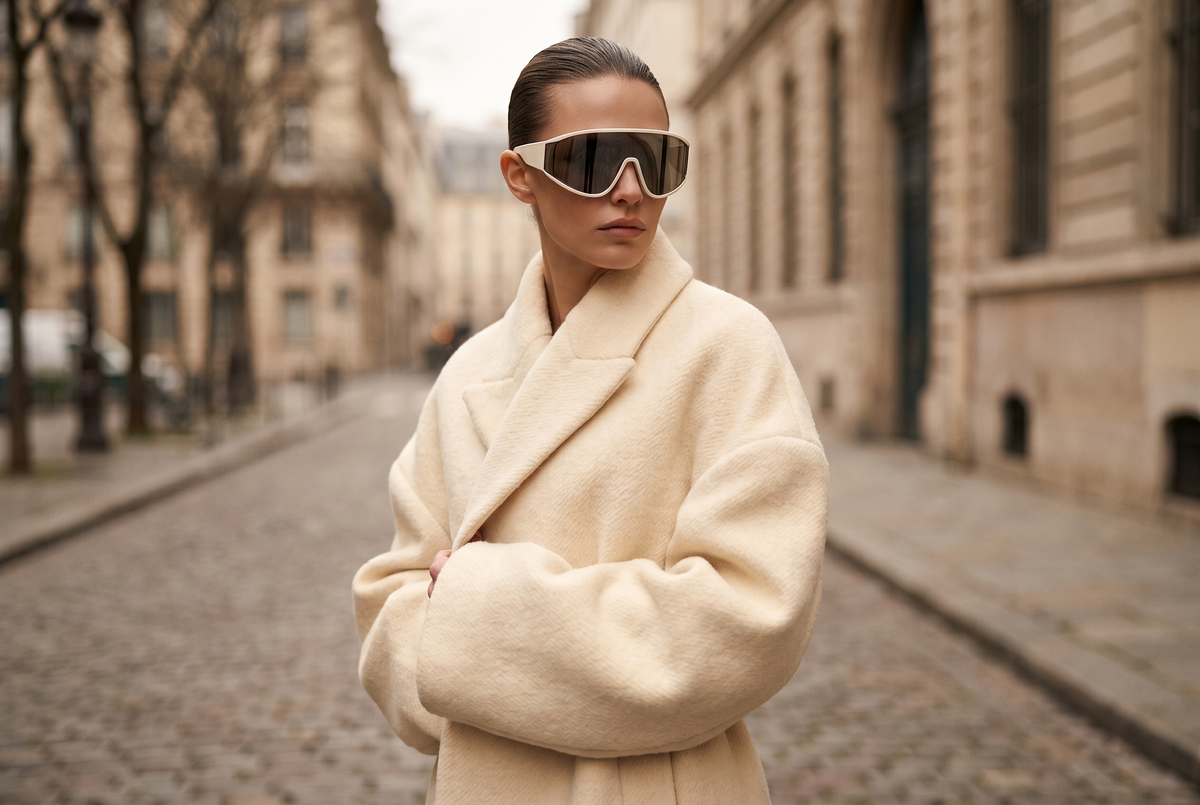 A woman in an oversized cream coat wearing white-framed oversized shield sunglasses