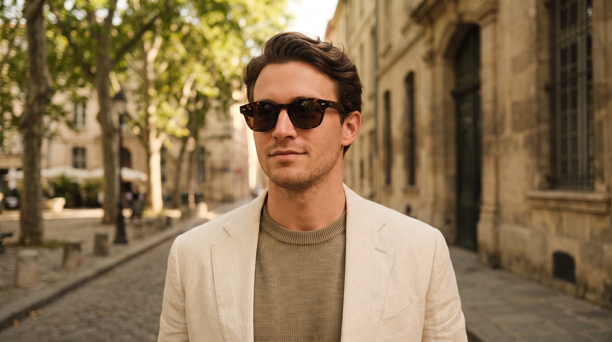 A man in a cream linen jacket wearing dark tortoiseshell square sunglasses on a sunlit city street