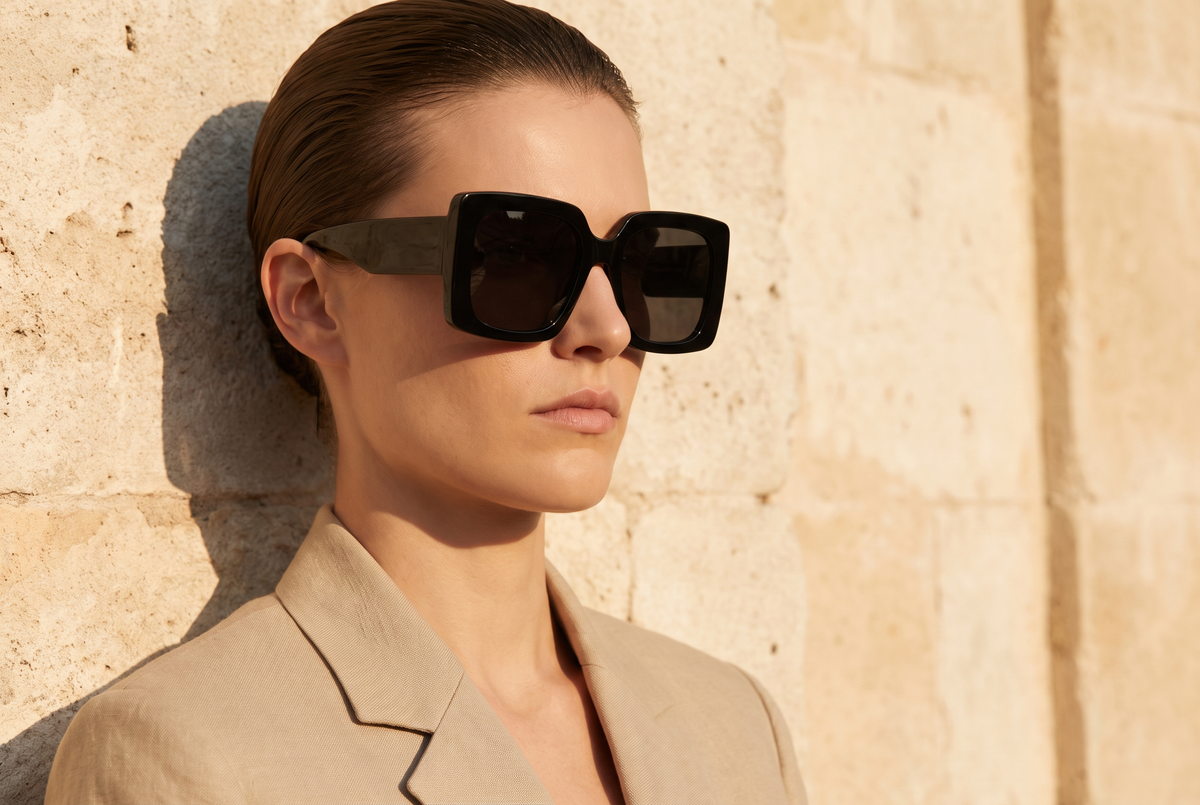 A woman wearing bold black square acetate sunglasses against a sunlit stone wall