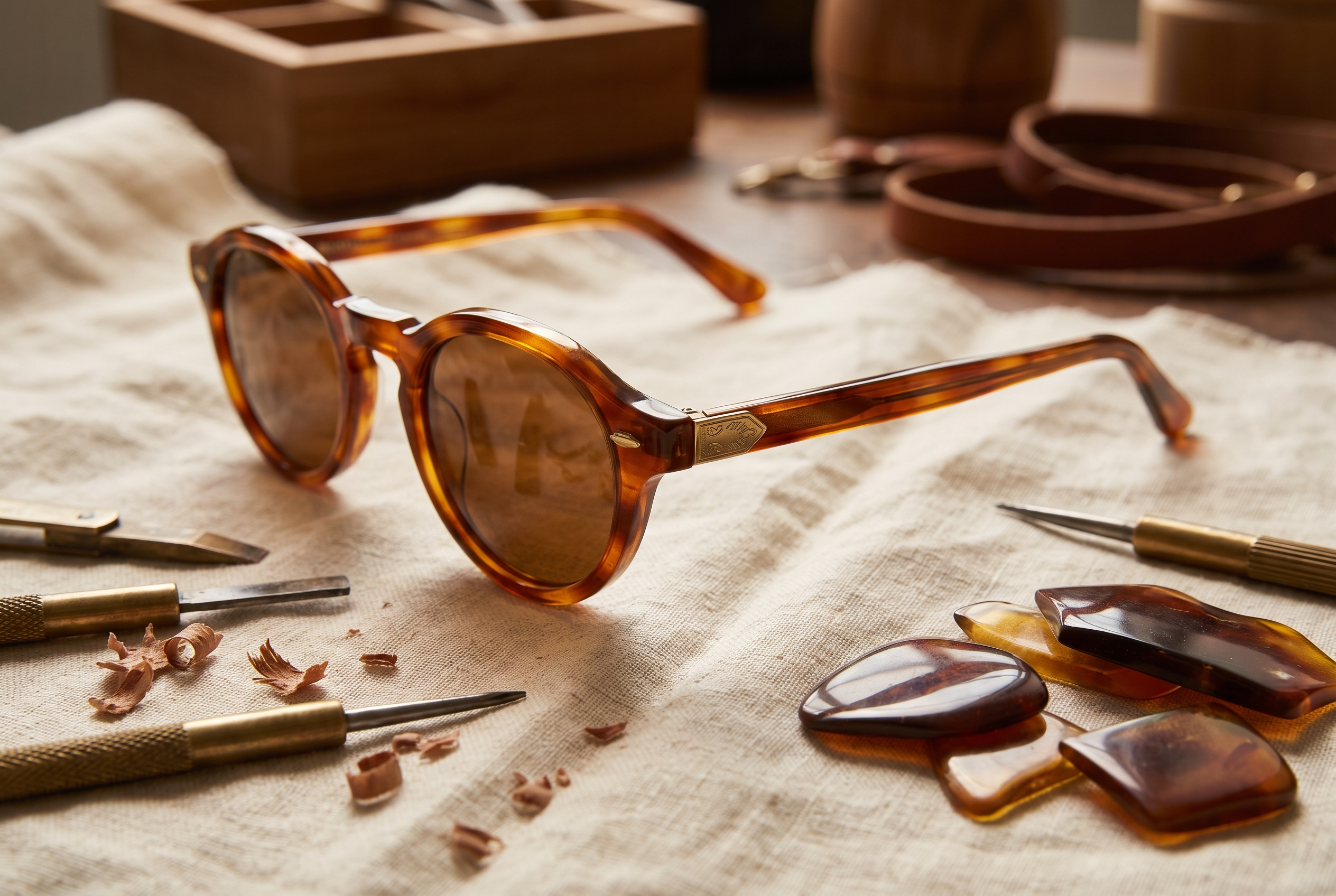 Tortoiseshell acetate sunglasses on linen with hand tools