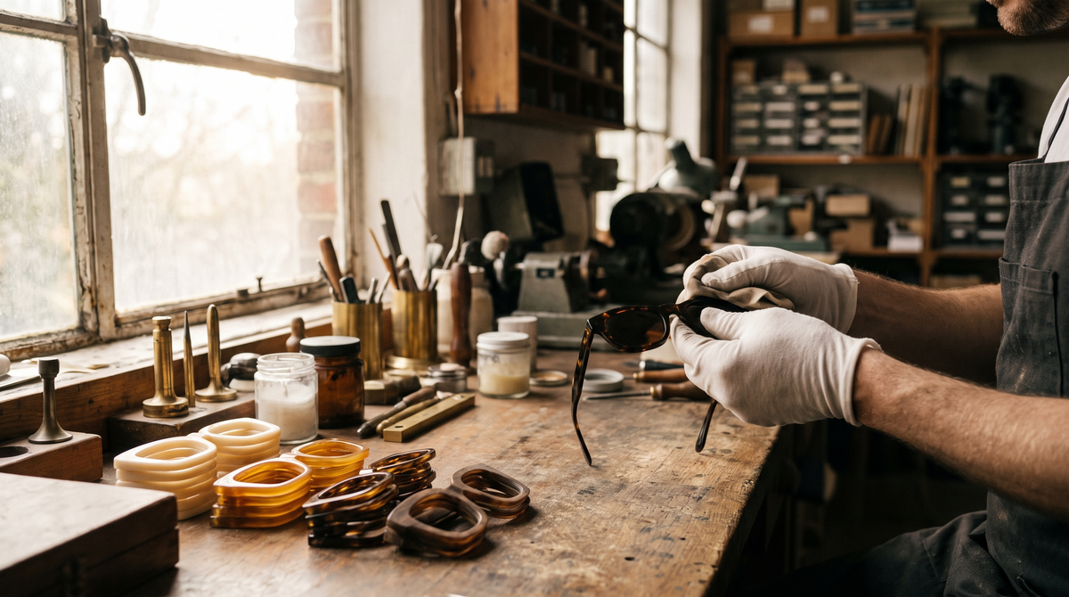 Artisan polishing an acetate sunglasses frame in a workshop