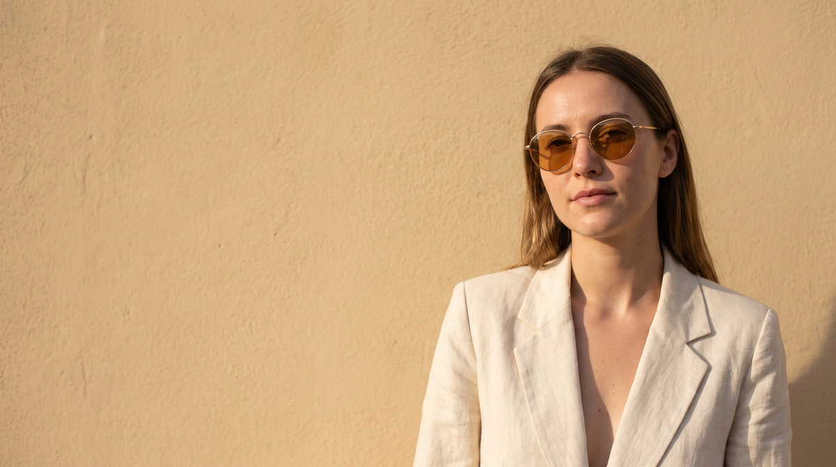 Model wearing round gold-frame sunglasses against a sunlit wall