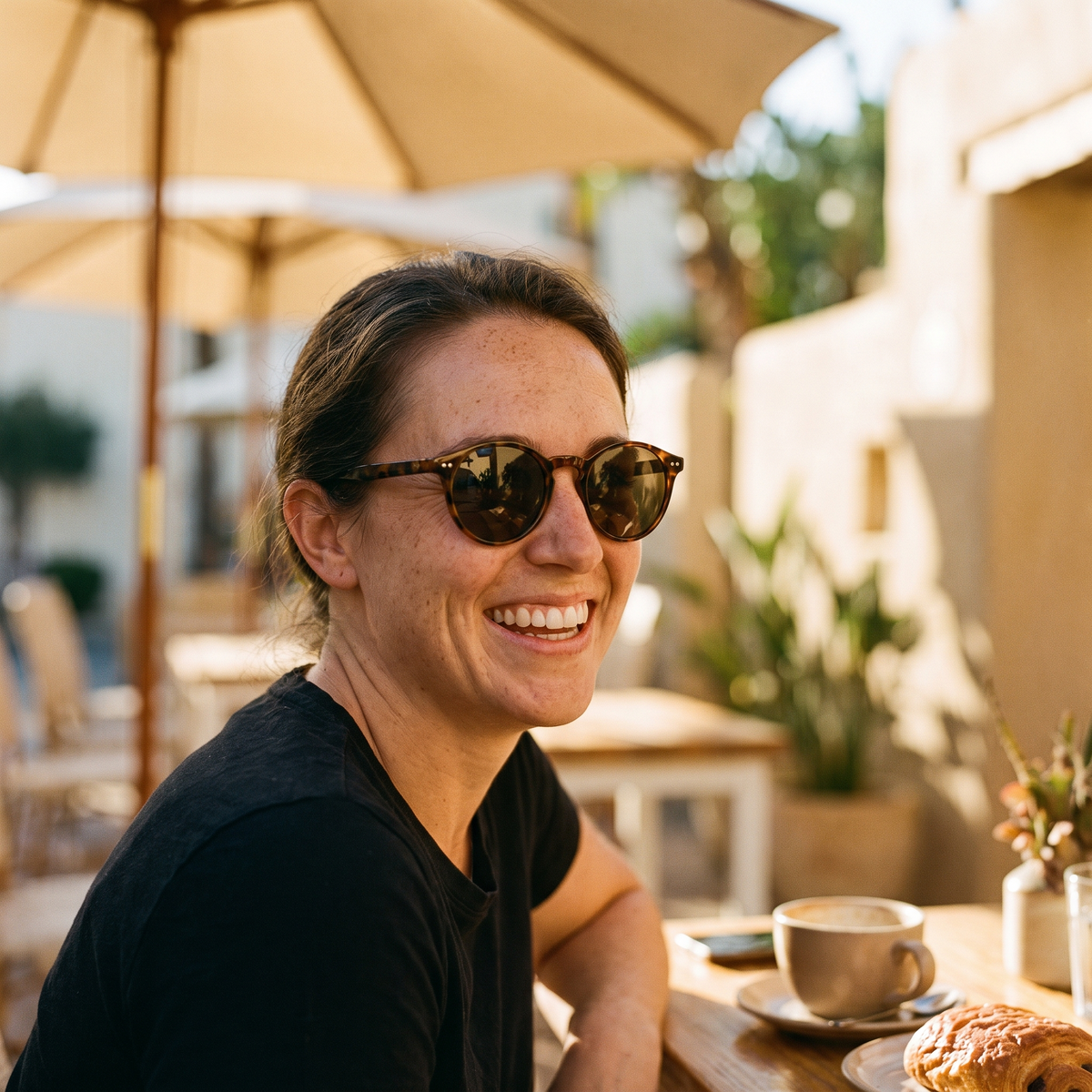 Woman wearing round tortoiseshell sunglasses at a sunlit cafe