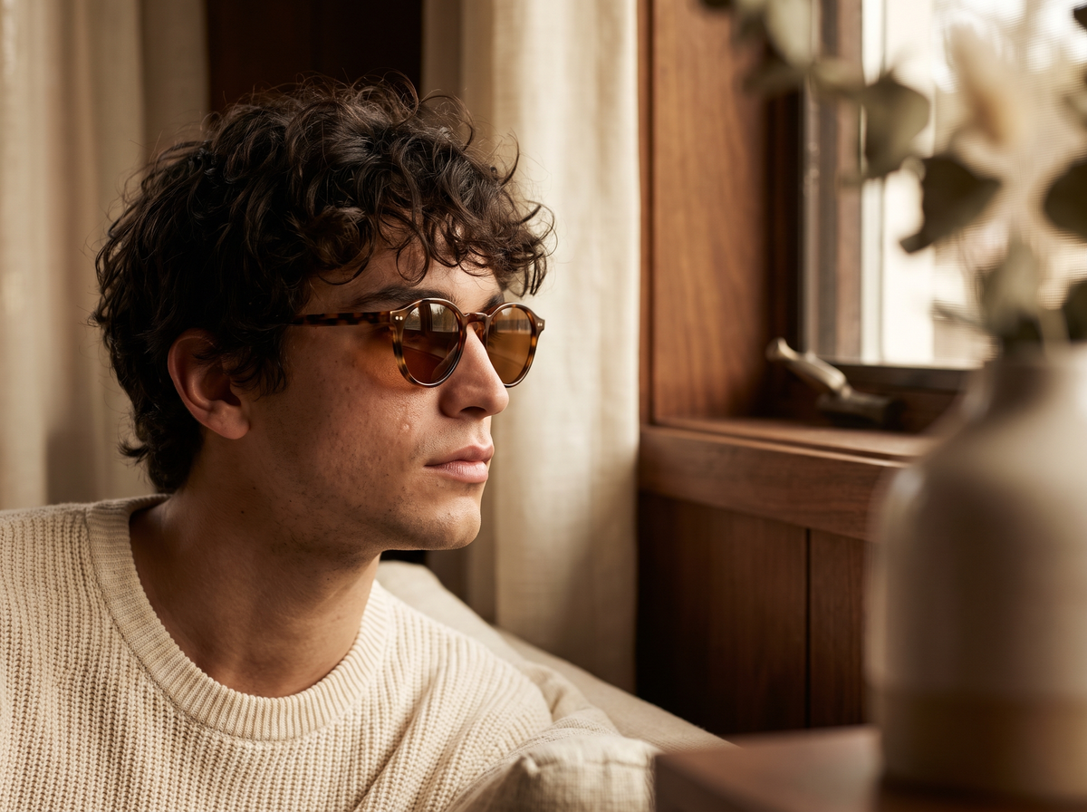 Man in profile wearing round tortoiseshell sunglasses by a window