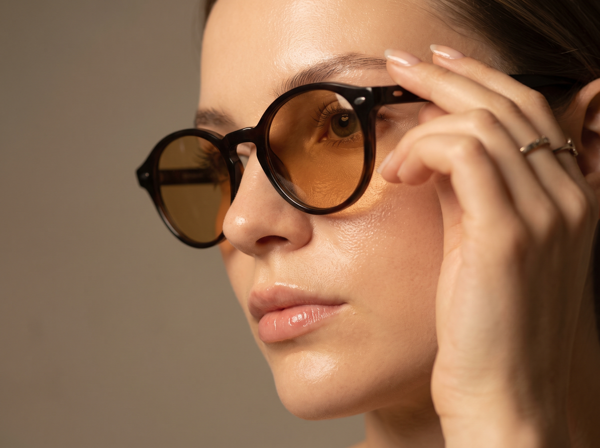Close-up of a woman adjusting round tortoiseshell sunglasses
