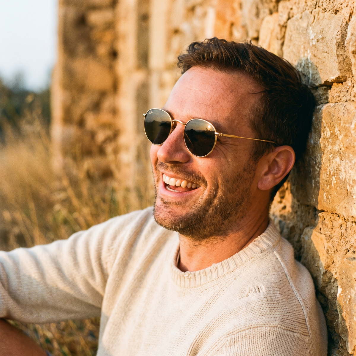Man wearing round gold-frame sunglasses against a sunlit wall